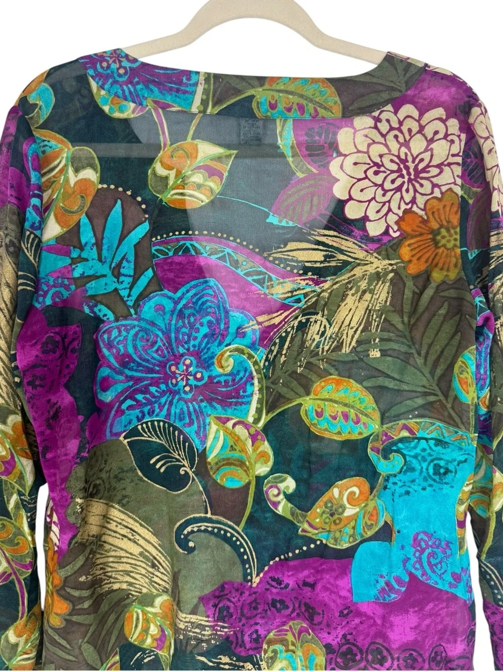 Chico’s 100% Silk Abstract Floral Tunic Top Semi Sheer Jewel Tone US 4 - Picture 8 of 15